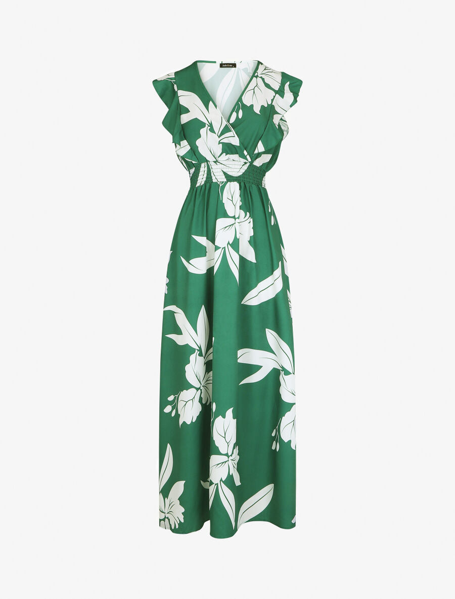 Robe longue motif végétal sans manches à volants - Vert - 1
