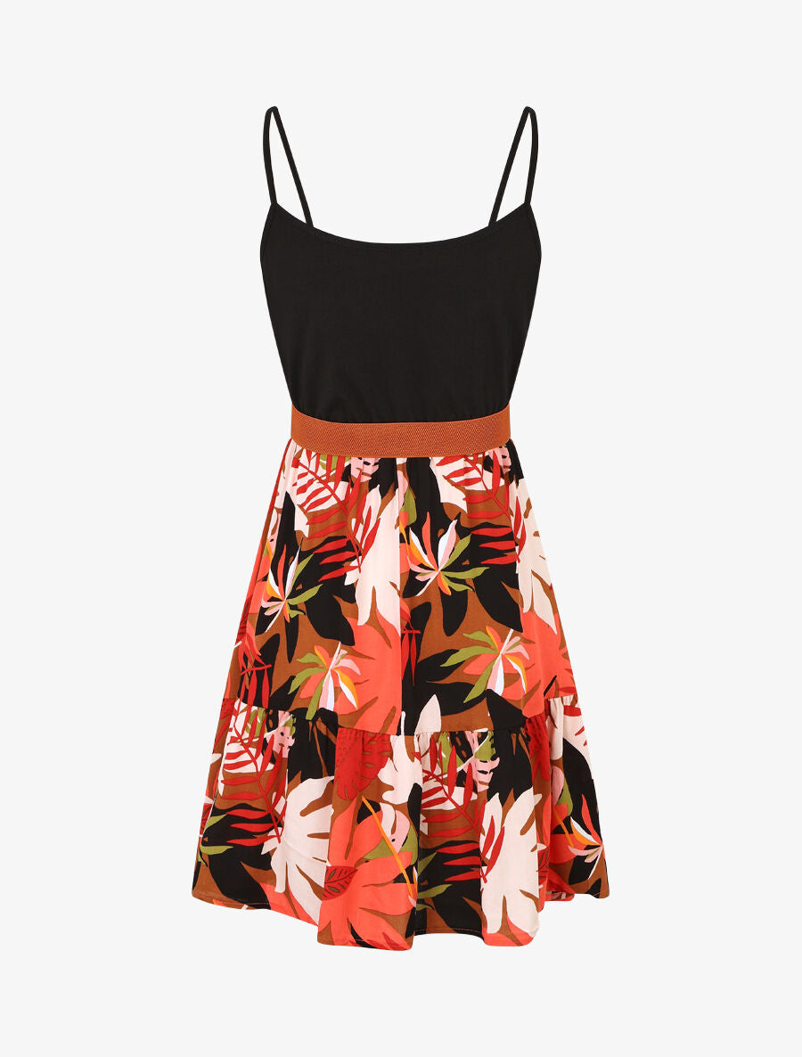 Robe mi-longue bicolore imprimé tropical - Noir - 2