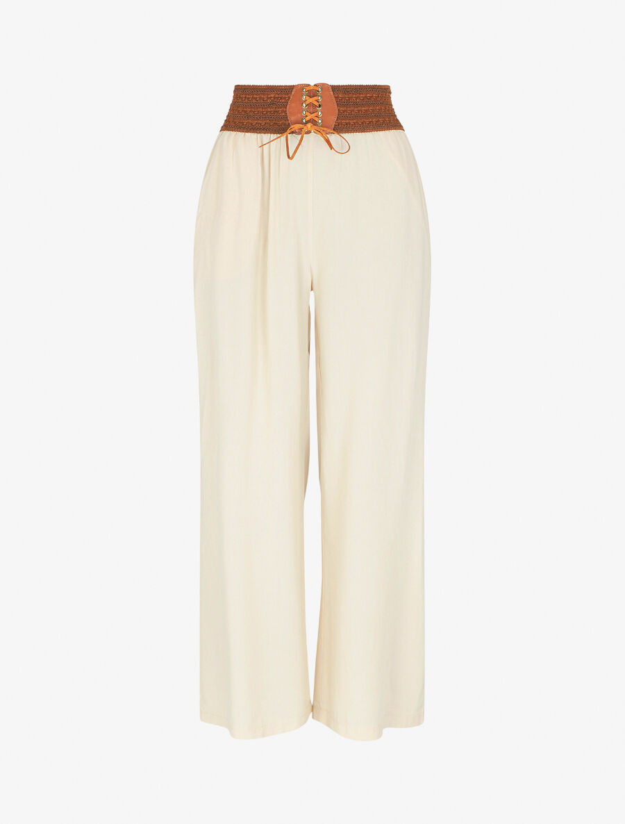 Pantalon uni taille haute style corset - Beige - 5