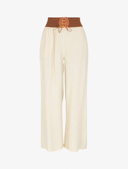 Pantalon uni taille haute style corset - Beige - 5