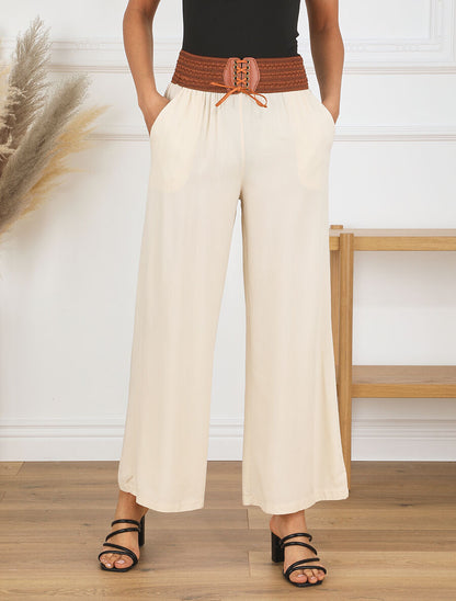 Pantalon uni taille haute style corset - Beige - 4