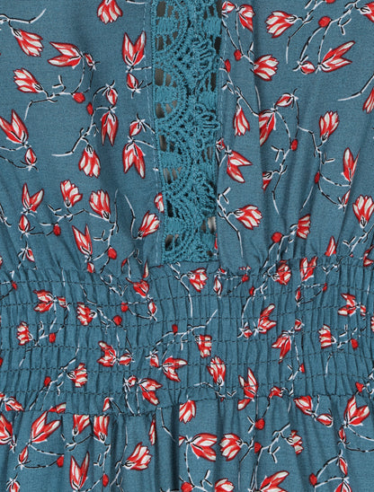 Robe imprimé petites fleurs à double manches - Bleu canard - 3