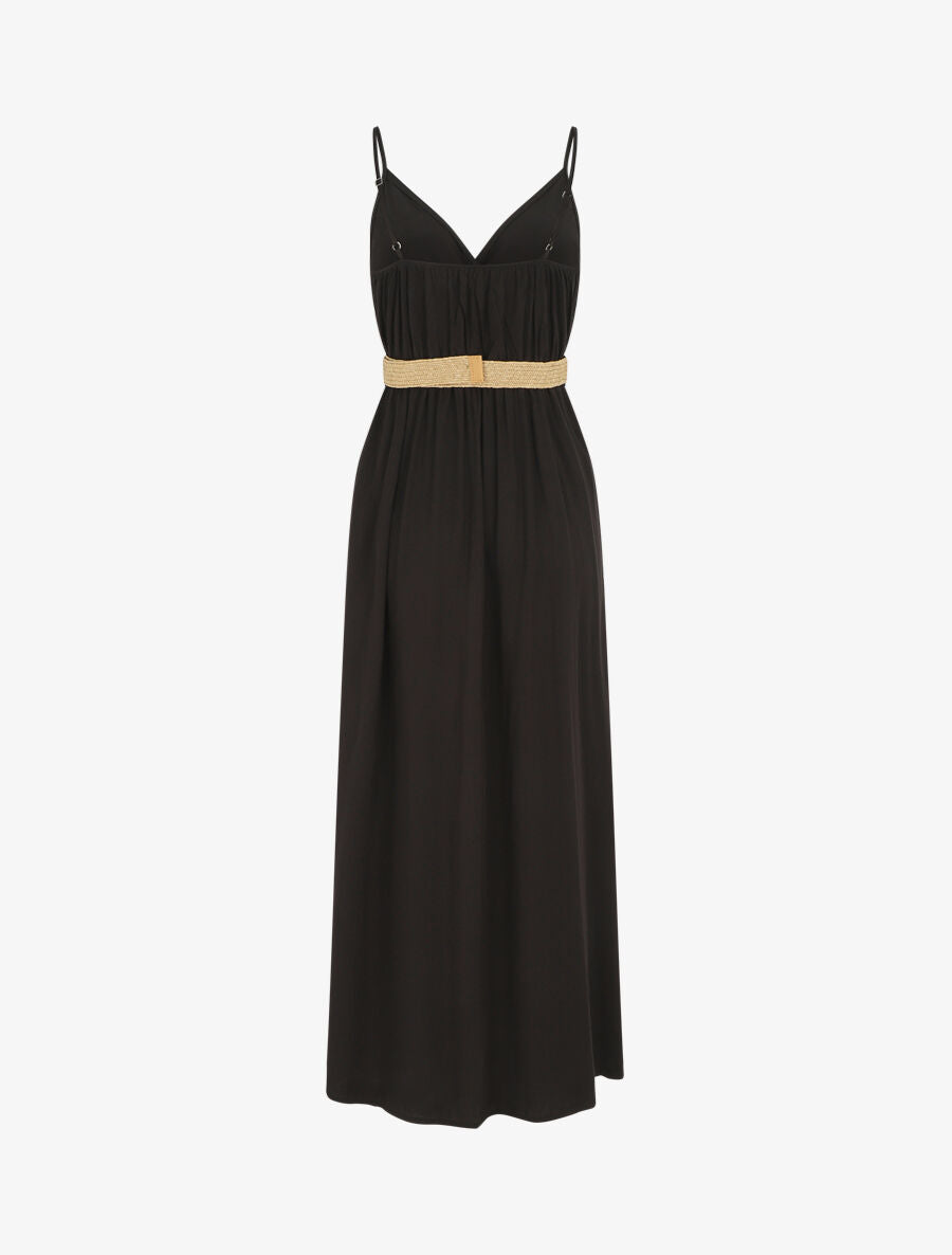 Robe longue unie à bretelles et boutons - Noir - 2