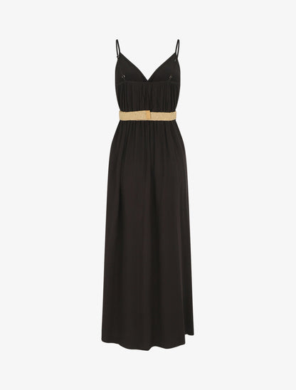 Robe longue unie à bretelles et boutons - Noir - 2