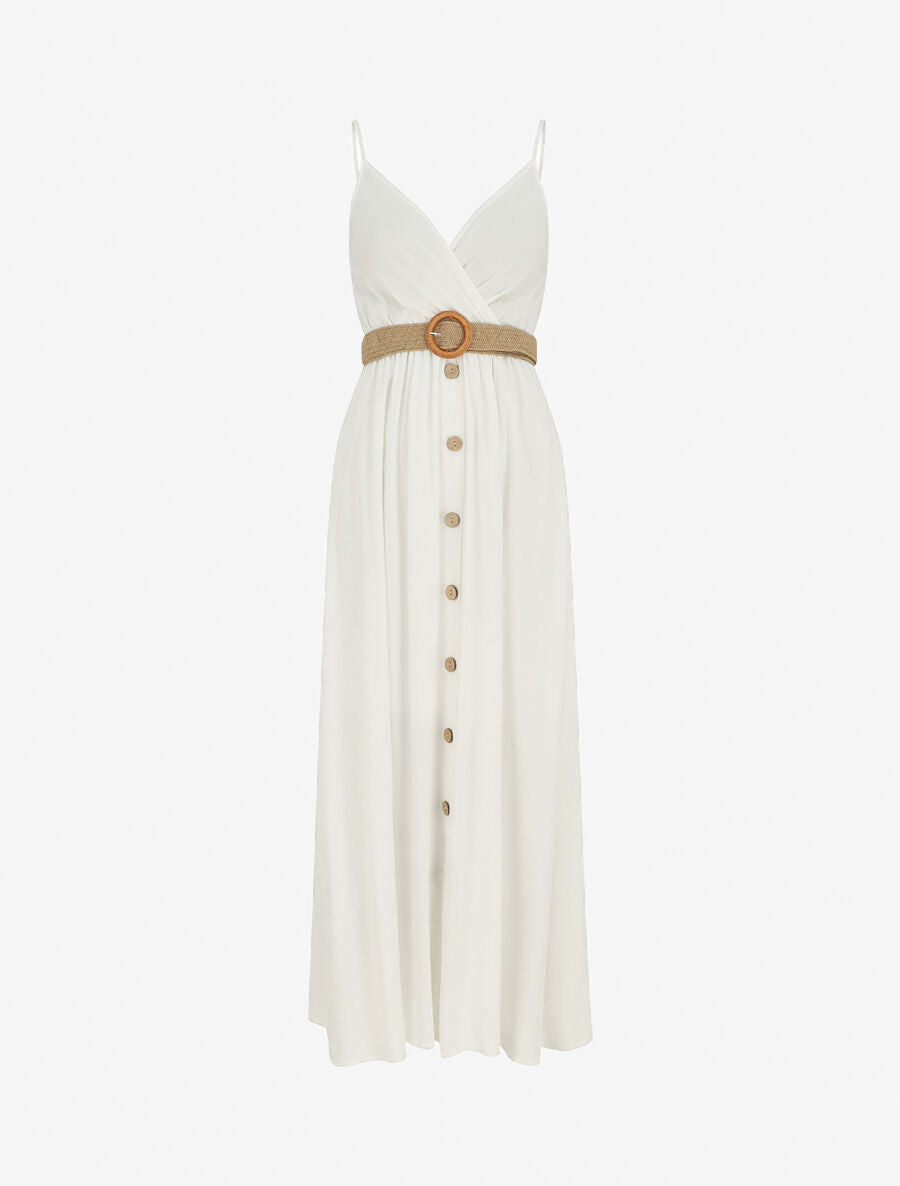 Robe longue unie à bretelles et boutons - Blanc - 1