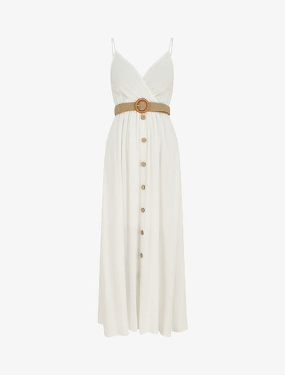 Robe longue unie à bretelles et boutons - Blanc - 1