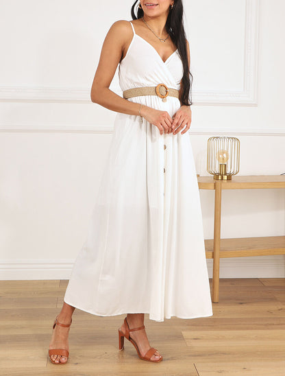 Robe longue unie à bretelles et boutons - Blanc - 4