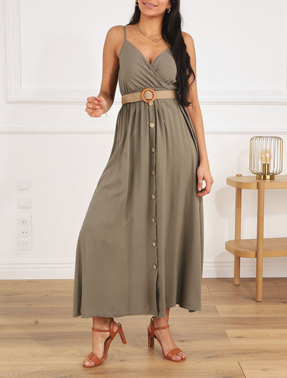 Robe longue unie à bretelles et boutons - Kaki - 4