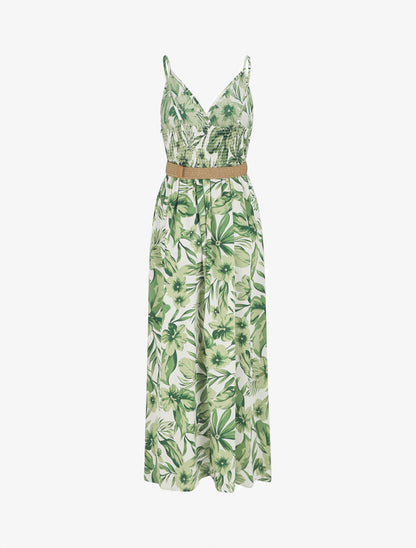 Robe longue imprimé grandes fleurs à bretelles - Vert - 2