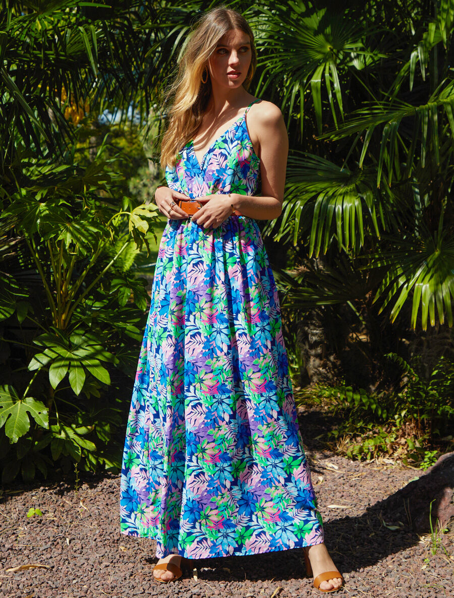 Robe longue imprimé feuilles sauvages à bretelles - Bleu - 5