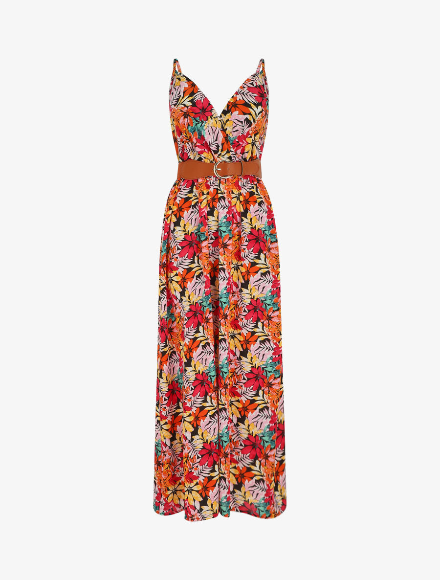 Robe longue imprimé feuilles sauvages à bretelles - Noir/orange - 5