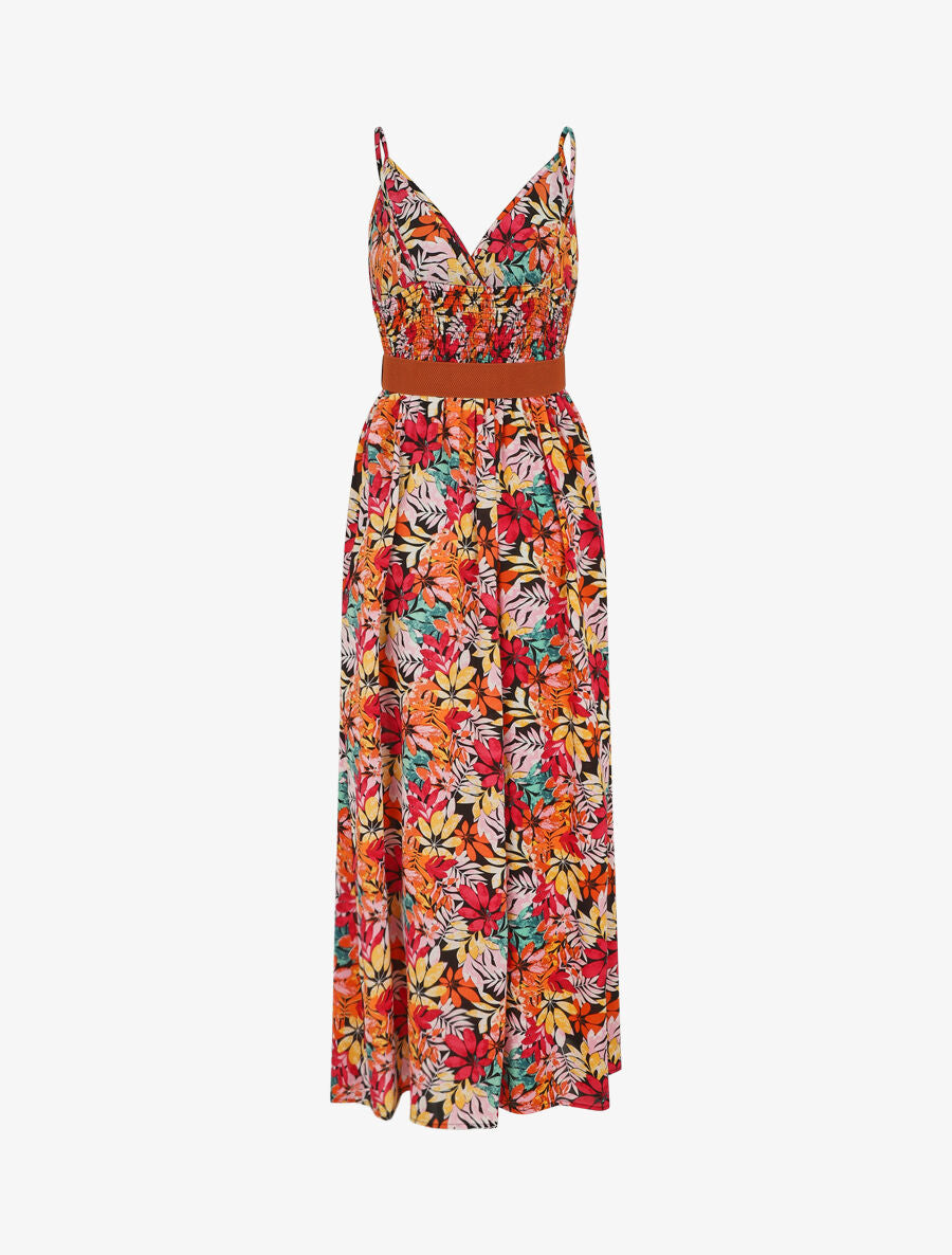 Robe longue imprimé feuilles sauvages à bretelles - Noir/orange - 2