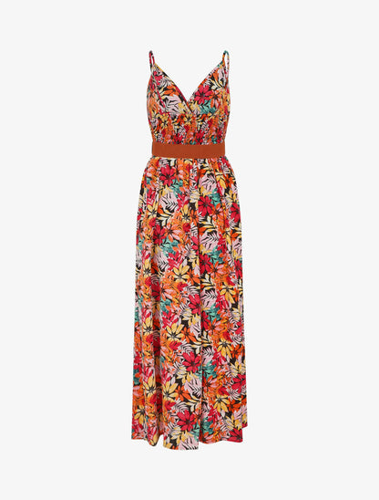 Robe longue imprimé feuilles sauvages à bretelles - Noir/orange - 2