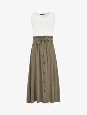 Robe longue évasée sans manches bicolore - Kaki - 1