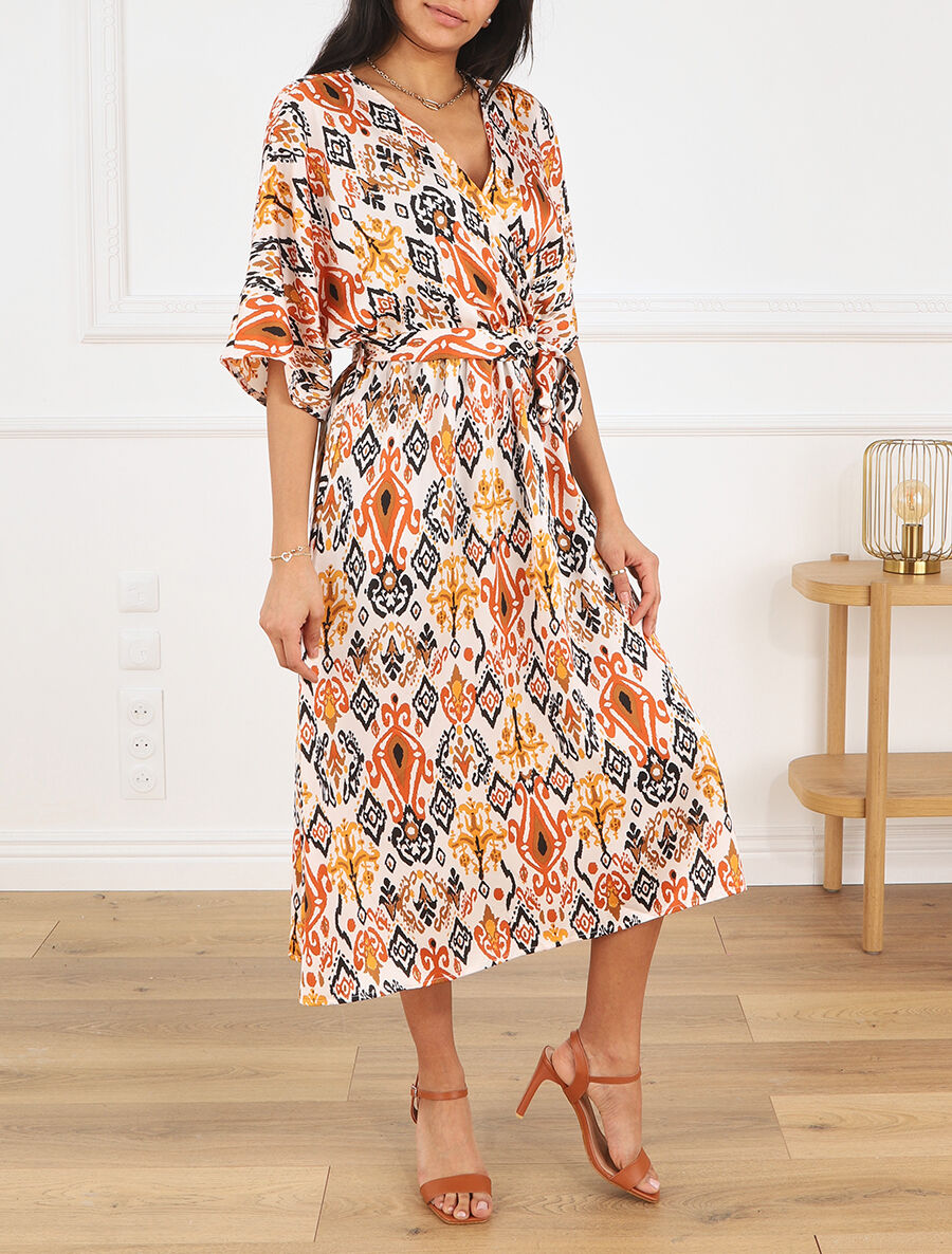 Robe longue style kimono imprimé aztèque - Marron - 4