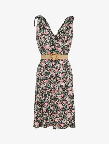 Robe mi-longue sans manches imprimé fleurs sauvages - Noir - 5