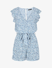 Combishort fleuri fluide à mancherons volantés - Bleu - 1