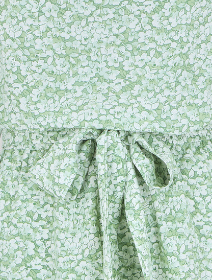 Combishort fleuri fluide à mancherons volantés - Vert - 3