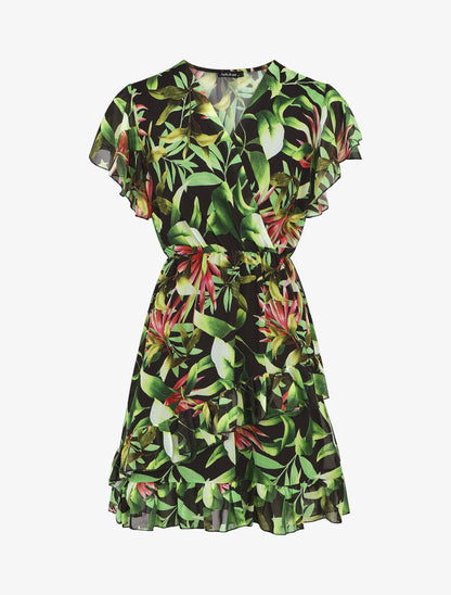 Robe courte volantée imprimé tropical - Noir - 5