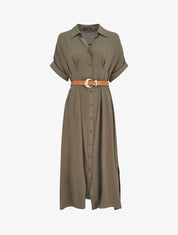 Robe chemise longue ceinturée - Kaki - 1