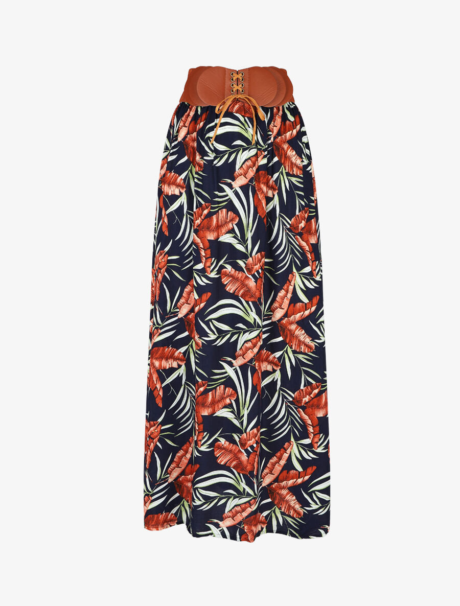 Jupe imprimée à taille haute ceinture stylisée - Marine - 1