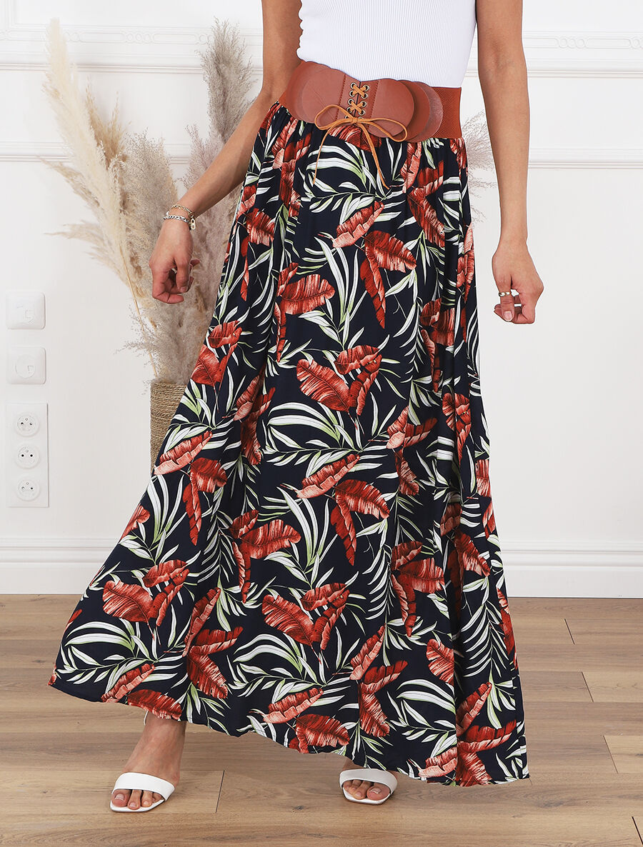 Jupe imprimée à taille haute ceinture stylisée - Marine - 4