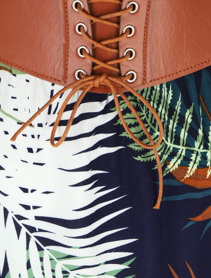 Jupe longue évasée imprimé tropical - Marine - 3