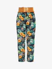Pantalon droit taille haute imprimé tropical - Marine - 1