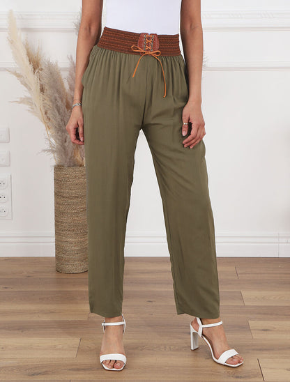 Pantalon fluide taille haute style corset - Kaki - 4