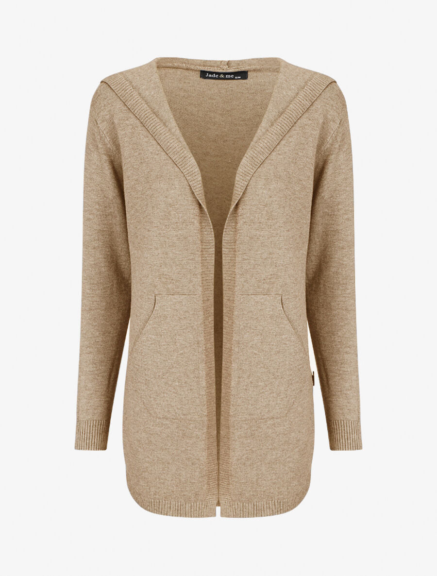 Gilet mi-long à capuche et boutons décoratifs - Beige - 4