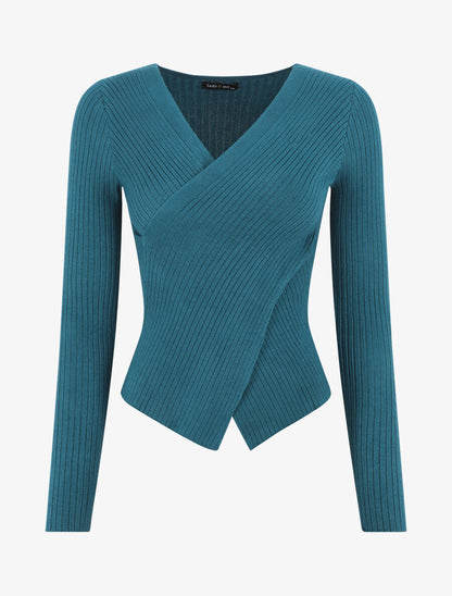 Pull côtelé moulant col cache-coeur - Bleu canard - 1