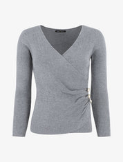 Pull côtelé col cache-coeur et boutons - Gris - 1