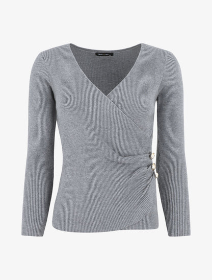 Pull côtelé col cache-coeur et boutons - Gris - 1
