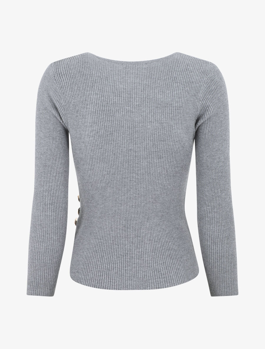 Pull côtelé col cache-coeur et boutons - Gris - 2