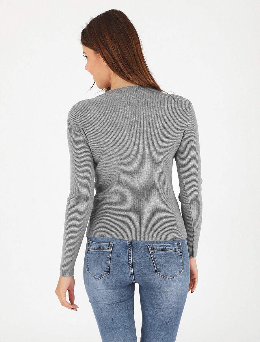 Pull côtelé col cache-coeur et boutons - Gris - 5