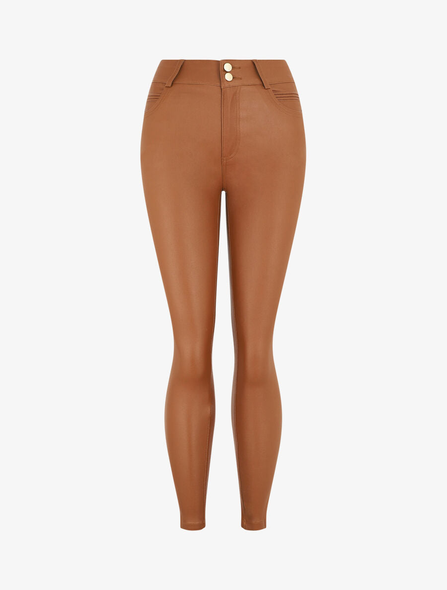 Pantalon taille haute en simili - Camel - 4