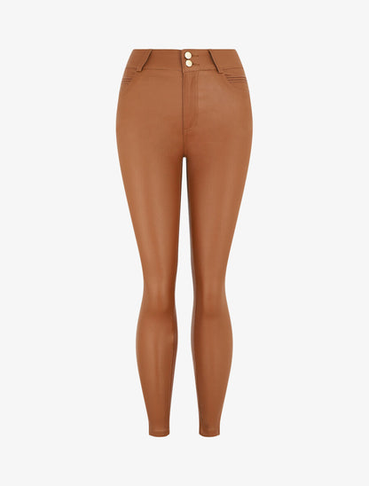 Pantalon taille haute en simili - Camel - 4