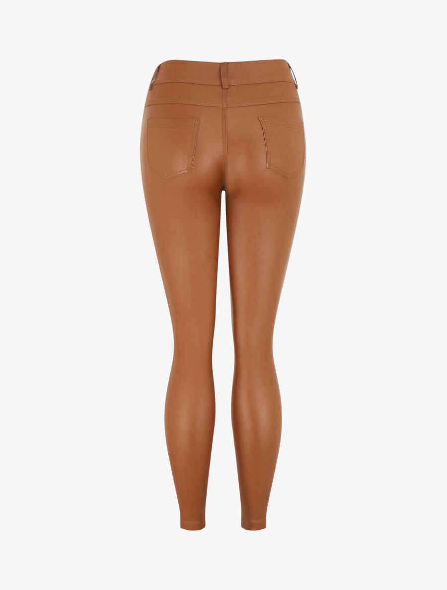 Pantalon taille haute en simili - Camel - 2