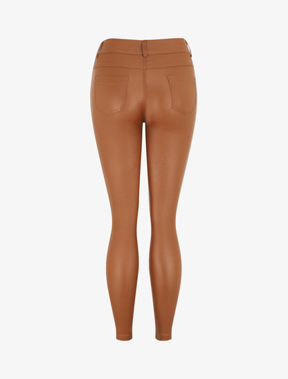 Pantalon taille haute en simili - Camel - 2