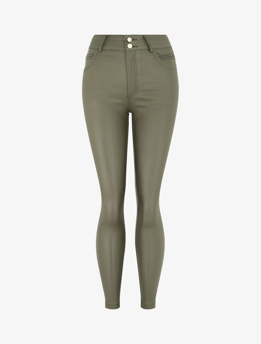 Pantalon taille haute en simili - Kaki - 4