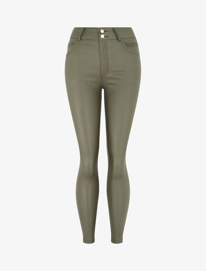 Pantalon taille haute en simili - Kaki - 4