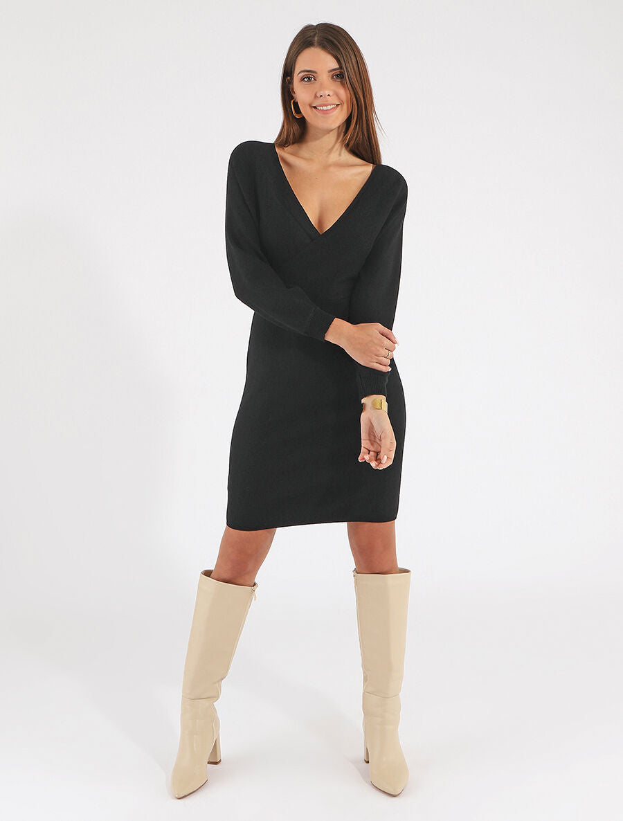 Robe ajustée unie col cache-coeur - Noir - 4