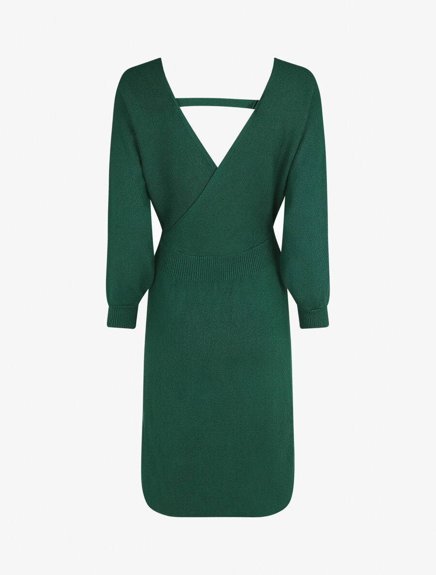 Robe ajustée unie col cache-coeur - Vert foncé - 2