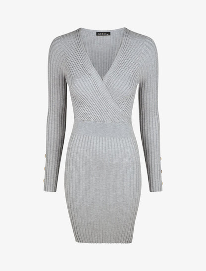 Robe unie moulante col cache-coeur - Gris - 1