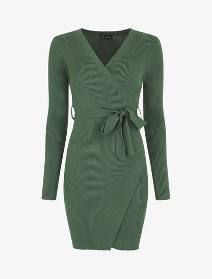 Robe moulante côtelée style cache-coeur - Vert - 6