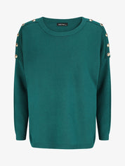 Pull fin à col rond et boutons décoratifs - Vert sapin - 1