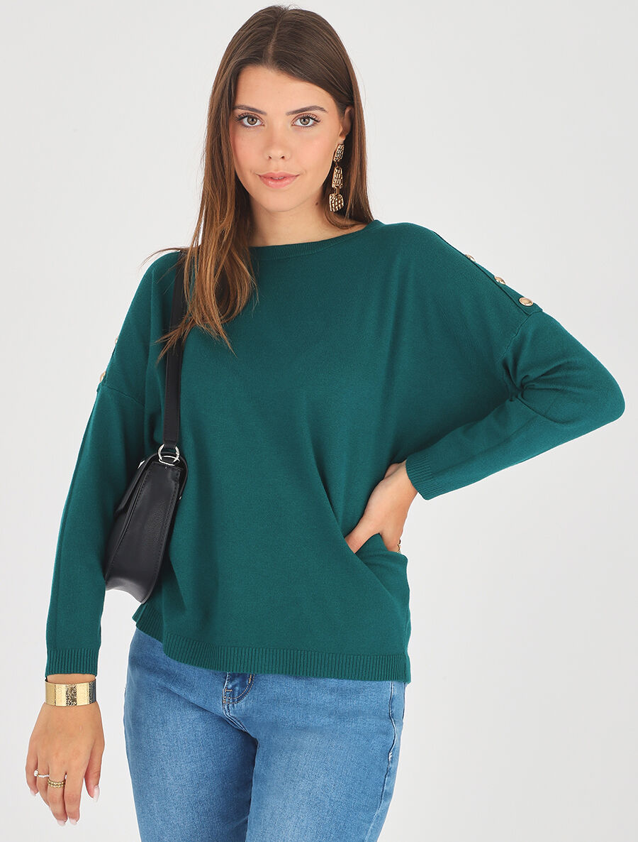 Pull fin à col rond et boutons décoratifs - Vert sapin - 4