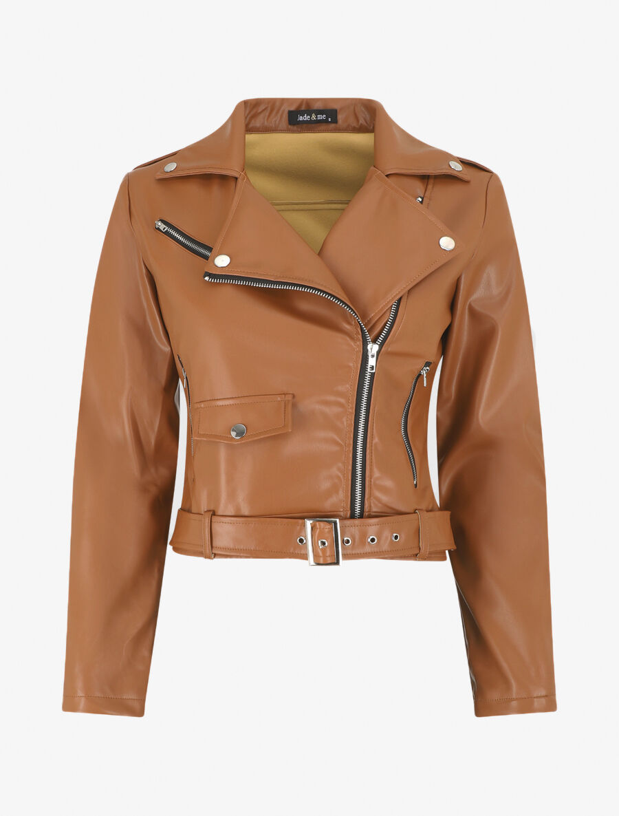 Veste droite en simili style perfecto - Camel - 1
