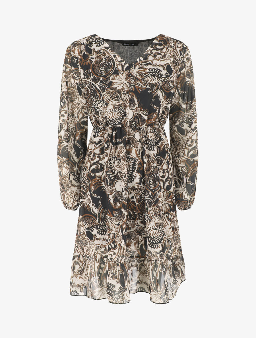 Robe élastiquée imprimé foulard - Noir - 1