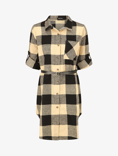 Surchemise mi-longue à carreaux - Beige - 1